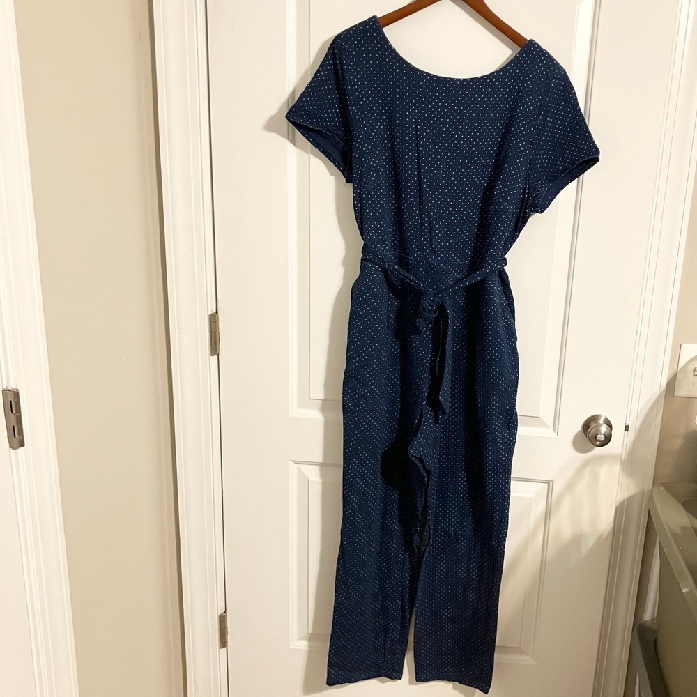 Boden Caitlin Jersey Jumpsuit navy white polka dot tie-waist Sz 16-18